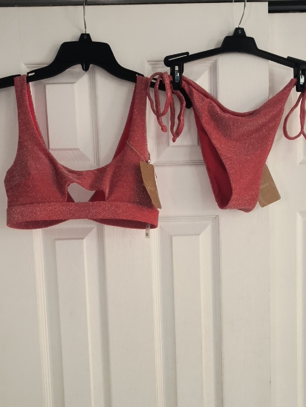 Berlook Red Lurex Cut Out Bikini Top & Tie Side Bikini Bottom Size S NWT